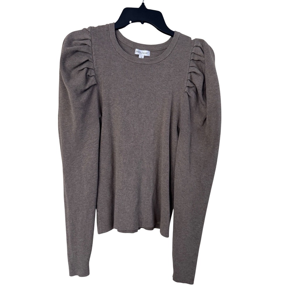 Prologue Womens Ribbed Puff Sleeve Sweater Taupe Brown Crew‎ Neck Small